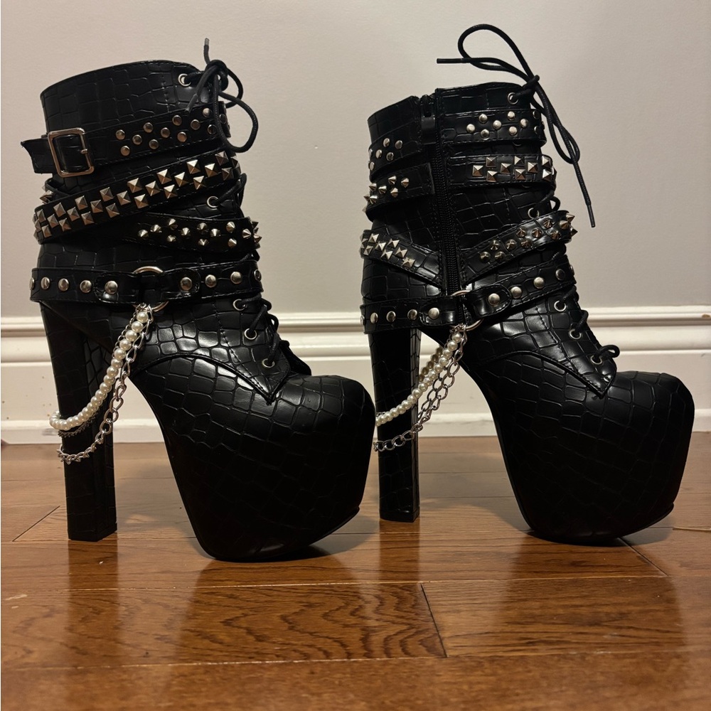 Demonia Black Croc-Embossed Studded Heeled Boots - Picture 1 of 1
